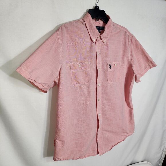US Polo Assn Mens Shirt Large Slub Woven Barbiecore Pink Short Sleeve Button Up - Picture 4 of 9